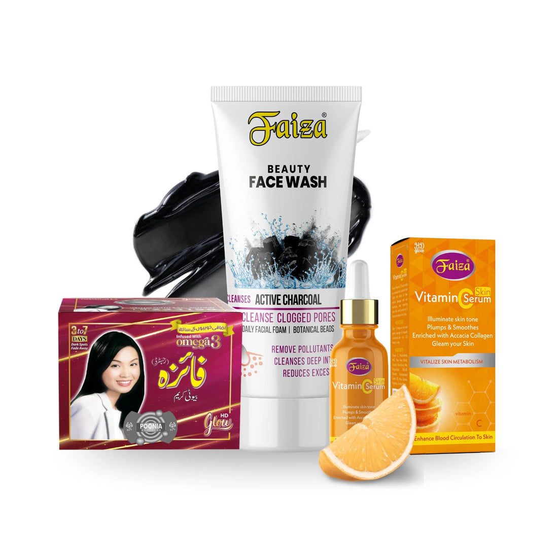Faiza Active Charcoal Face Wash combo with Omega 3 Beauty Cream and Vitamin C Serum for clogged pores treatment.