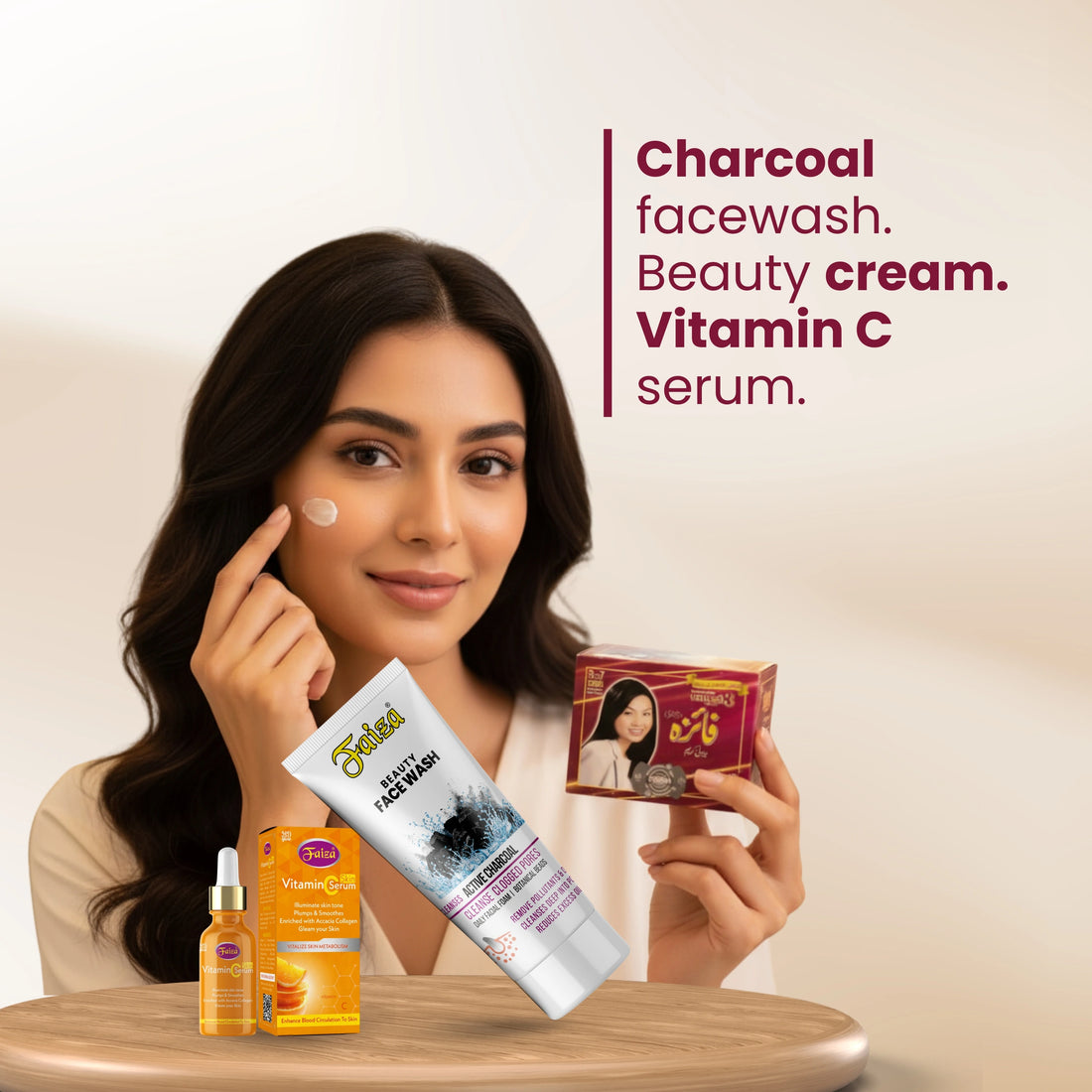 Faiza Active Charcoal Face Wash combo with Omega 3 Beauty Cream and Vitamin C Serum for clogged pores treatment.