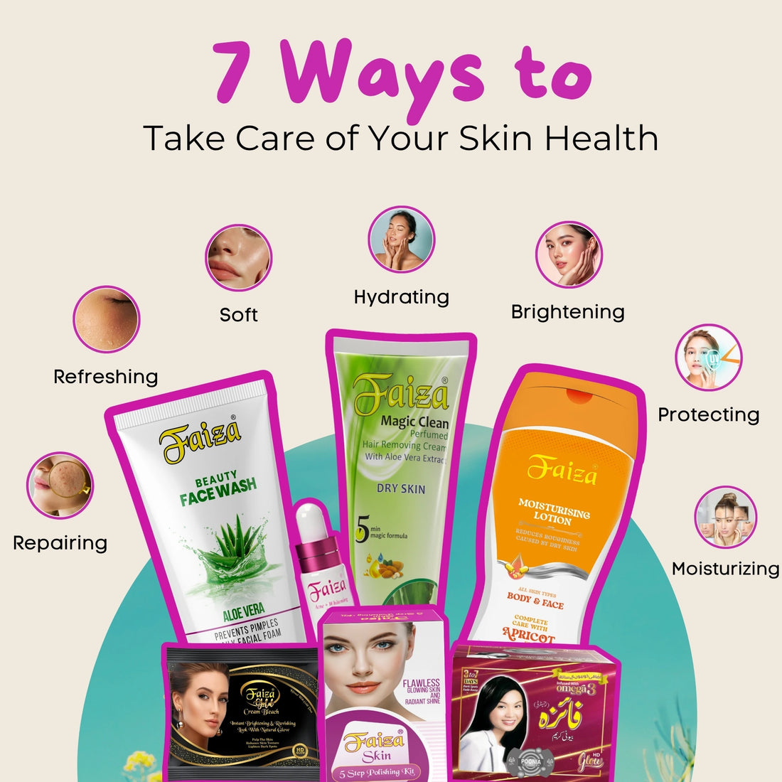 Faiza Complete Skincare Bundle with Aloe Vera Face Wash, Magic Clean Hair Removal, Apricot Lotion, and 5 Step Polishing Kit.
