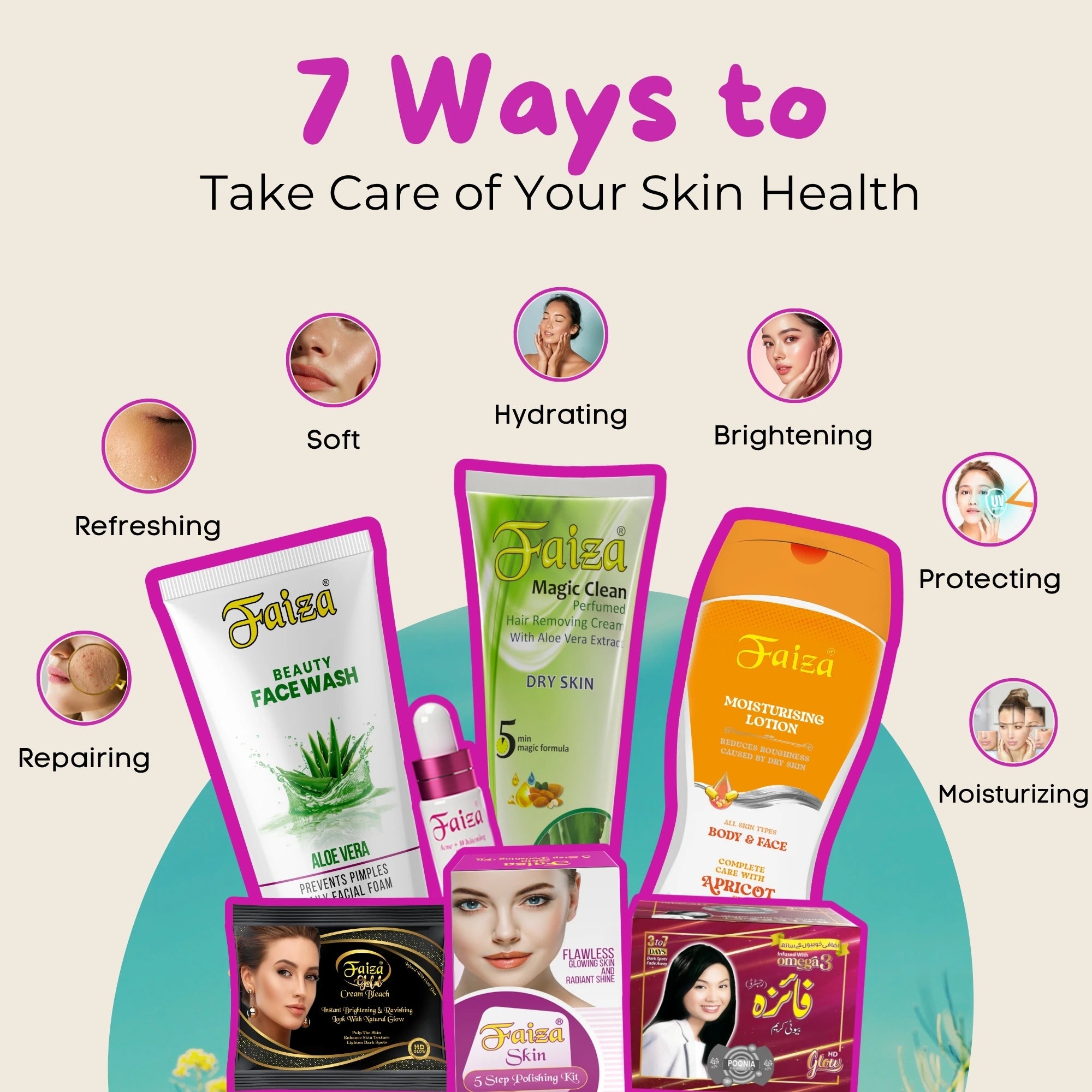 Graphic showing 7 Ways to Take Care of Skin Health with products for Hydrating, Brightening, Repairing, and Protecting.