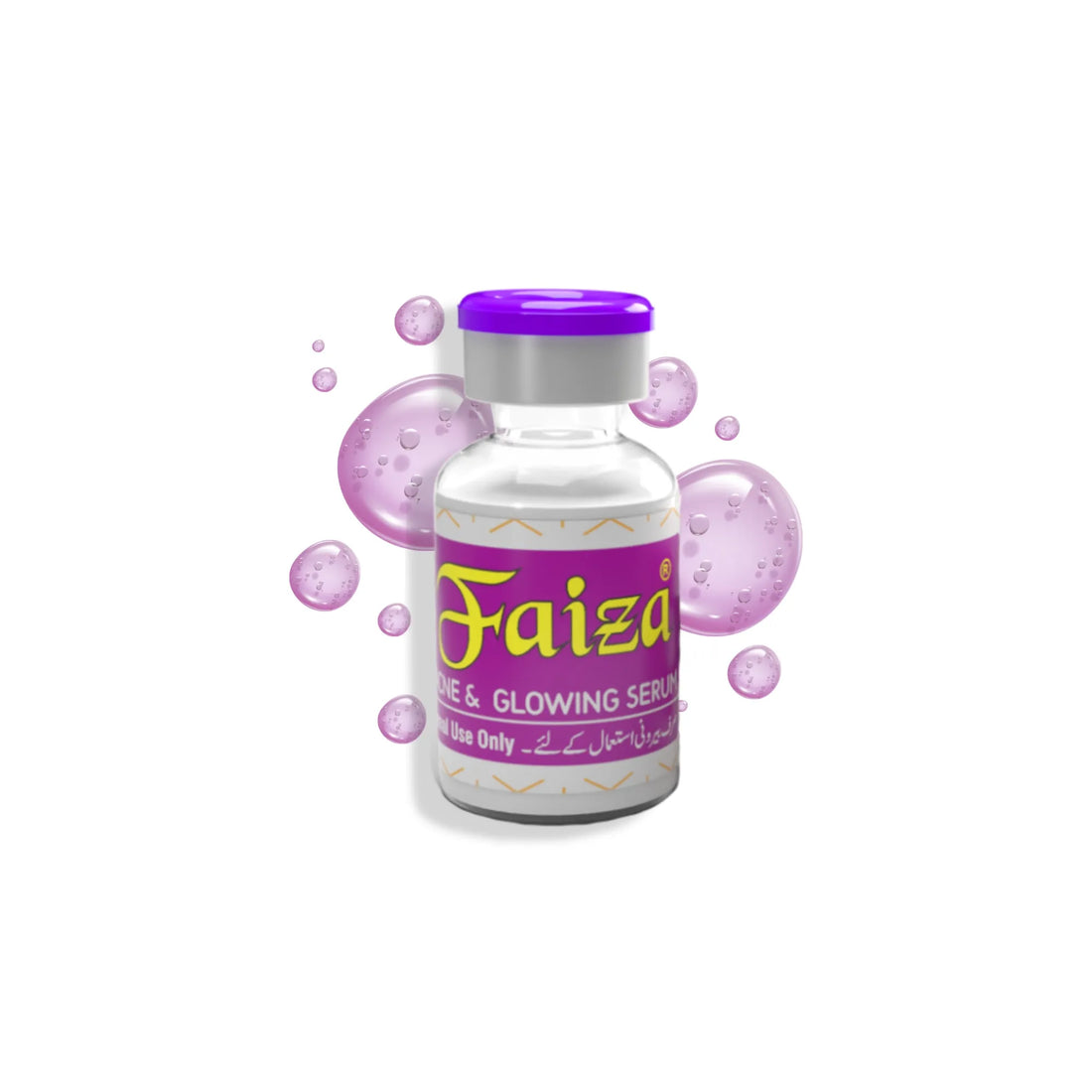 Close-up of Faiza Acne & Glowing Serum mini bottle for external use only and blemish treatment.