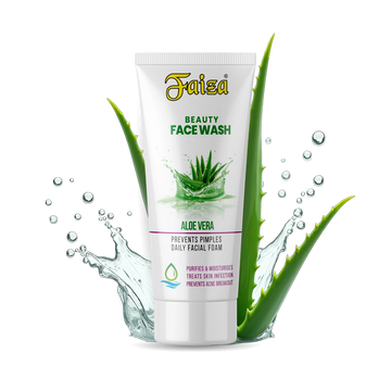 Faiza Aloe Vera Daily Facial Foam tube in water splash, purifies skin and prevents acne breakout.
