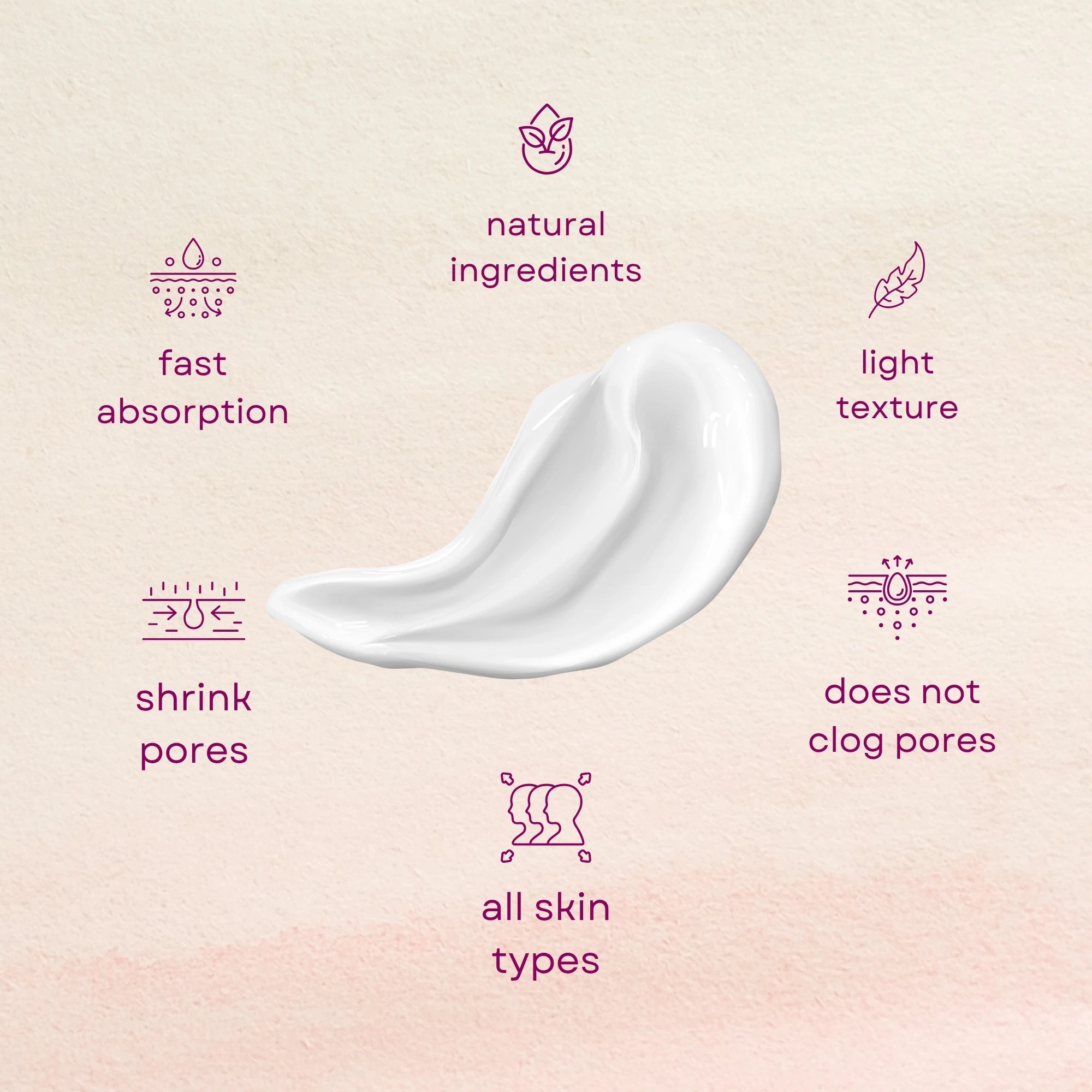 Close-up of Faiza Beauty Cream texture showing benefits: light texture, fast absorption, and does not clog pores.