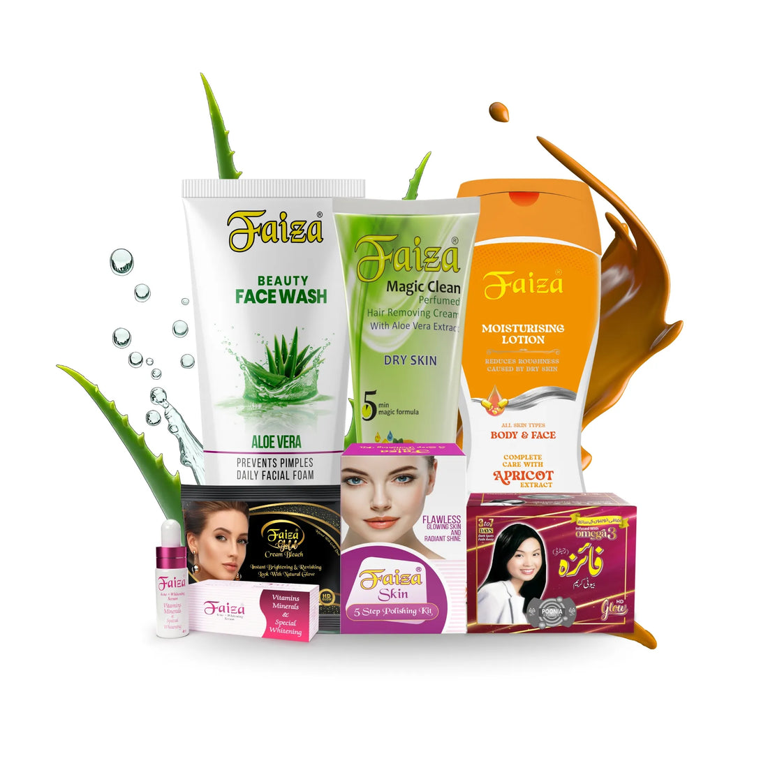 Faiza Complete Skincare Bundle with Aloe Vera Face Wash, Magic Clean Hair Removal, Apricot Lotion, and 5 Step Polishing Kit.