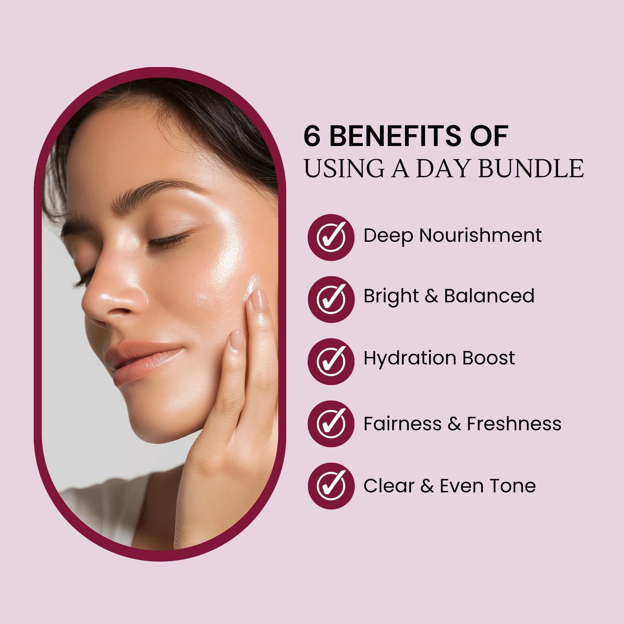 Graphic showing 6 Benefits of Day Bundle for Deep Nourishment, Hydration Boost, Fairness, and Clear Even Tone.