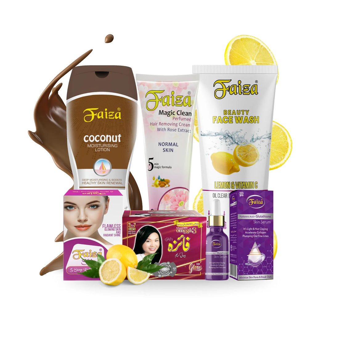 Faiza Mega Bundle with Coconut Moisturising Lotion, Lemon Face Wash, and Hyaluronic Serum for all-over skin renewal.