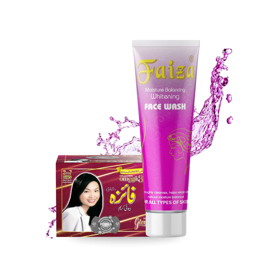 Faiza Moisture Balancing Whitening Face Wash with Faiza Beauty Cream box, infused with Omega 3 for all skin types.