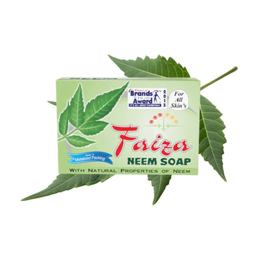 Faiza Neem Soap packaging with natural properties and "Brands of the Year Award" for all skin types.