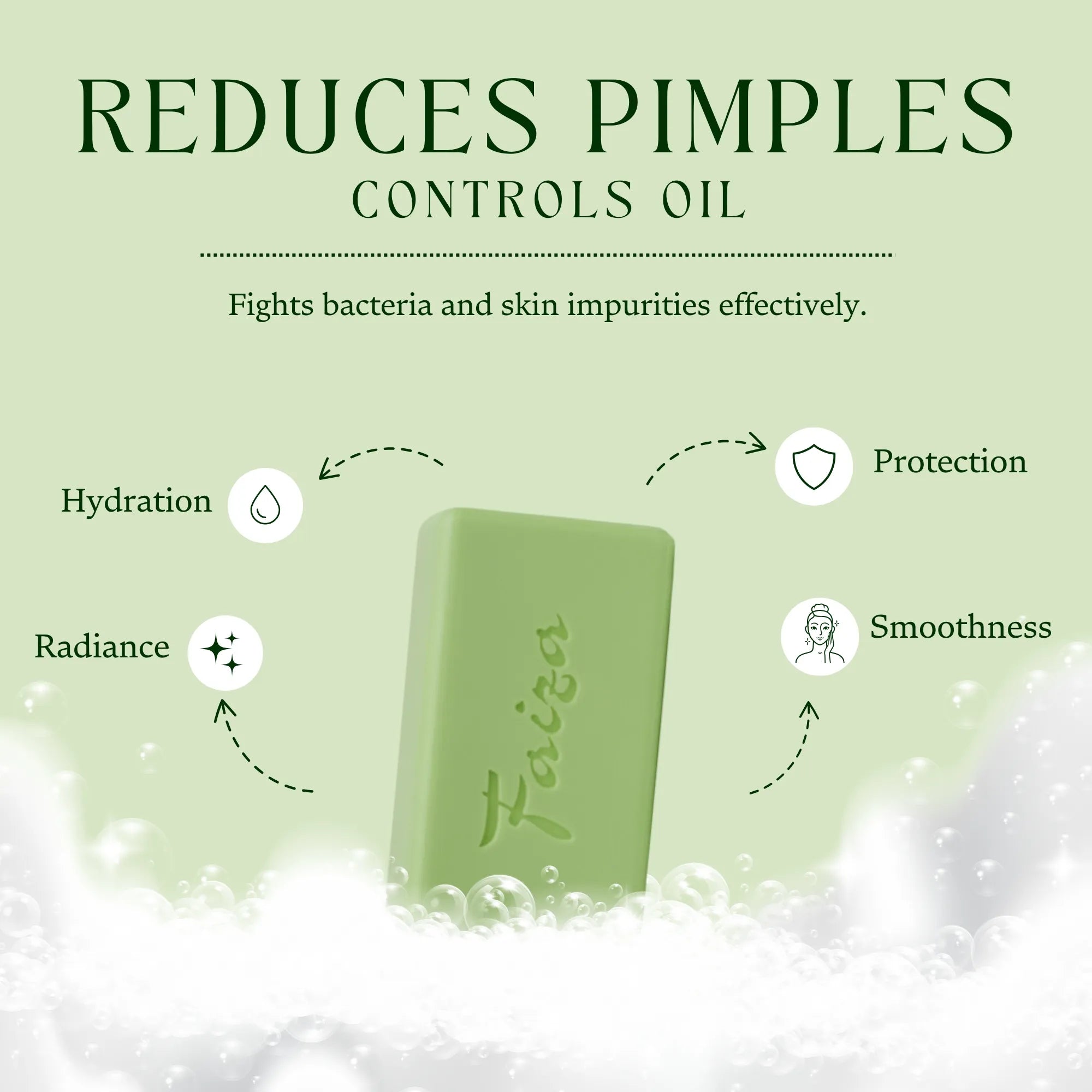 Faiza Neem Soap bar in foam showing benefits: Reduces Pimples, Controls Oil, and adds Hydration and Radiance.