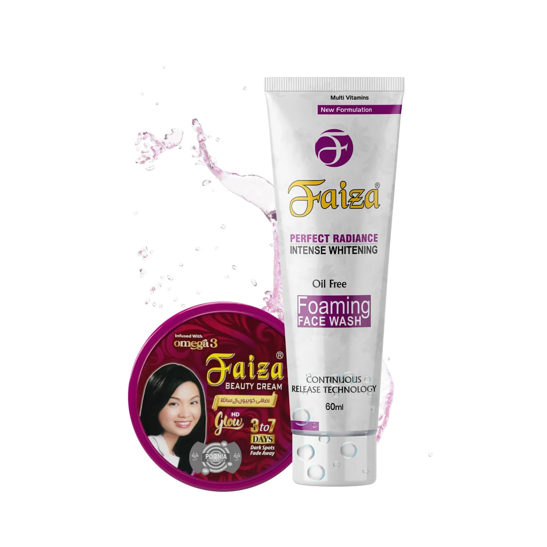Faiza Perfect Radiance Foaming Face Wash and Beauty Cream infused with Omega 3 for intense whitening.