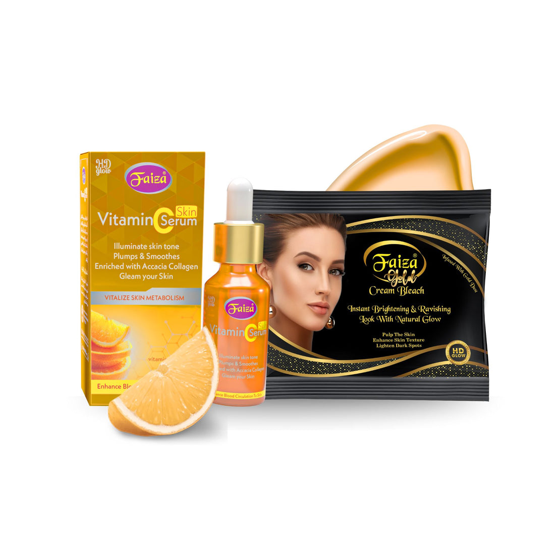 Faiza Vitamin Serum with Acacia Collagen and Gold Cream Bleach for instant natural glow and skin illumination.