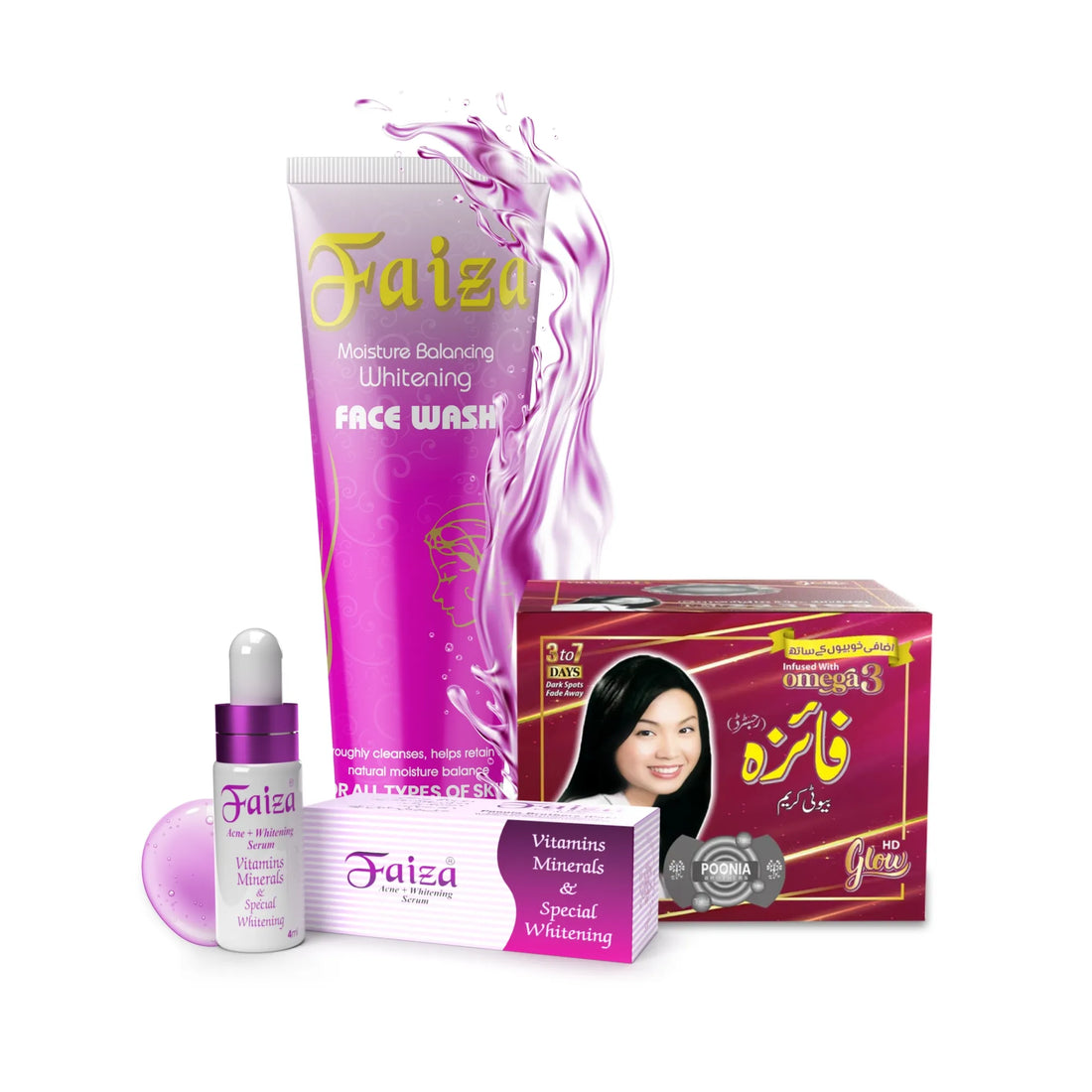 Faiza Moisture Balancing Whitening Face Wash with Omega 3 Beauty Cream and Acne & Whitening Serum for complete glowing skincare.