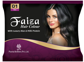 Faiza Hair Color Sachet Pack Black 01 – convenient single-use hair dye sachet in deep rich black shade, provides complete grey coverage, long lasting shine, and nourishing hair colour for silky smooth hair at home