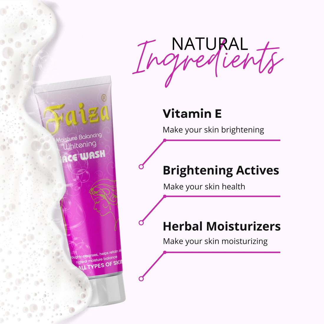 Faiza Moisture Balancing Whitening Face Wash with Faiza Beauty Cream box, infused with Omega 3 for all skin types.