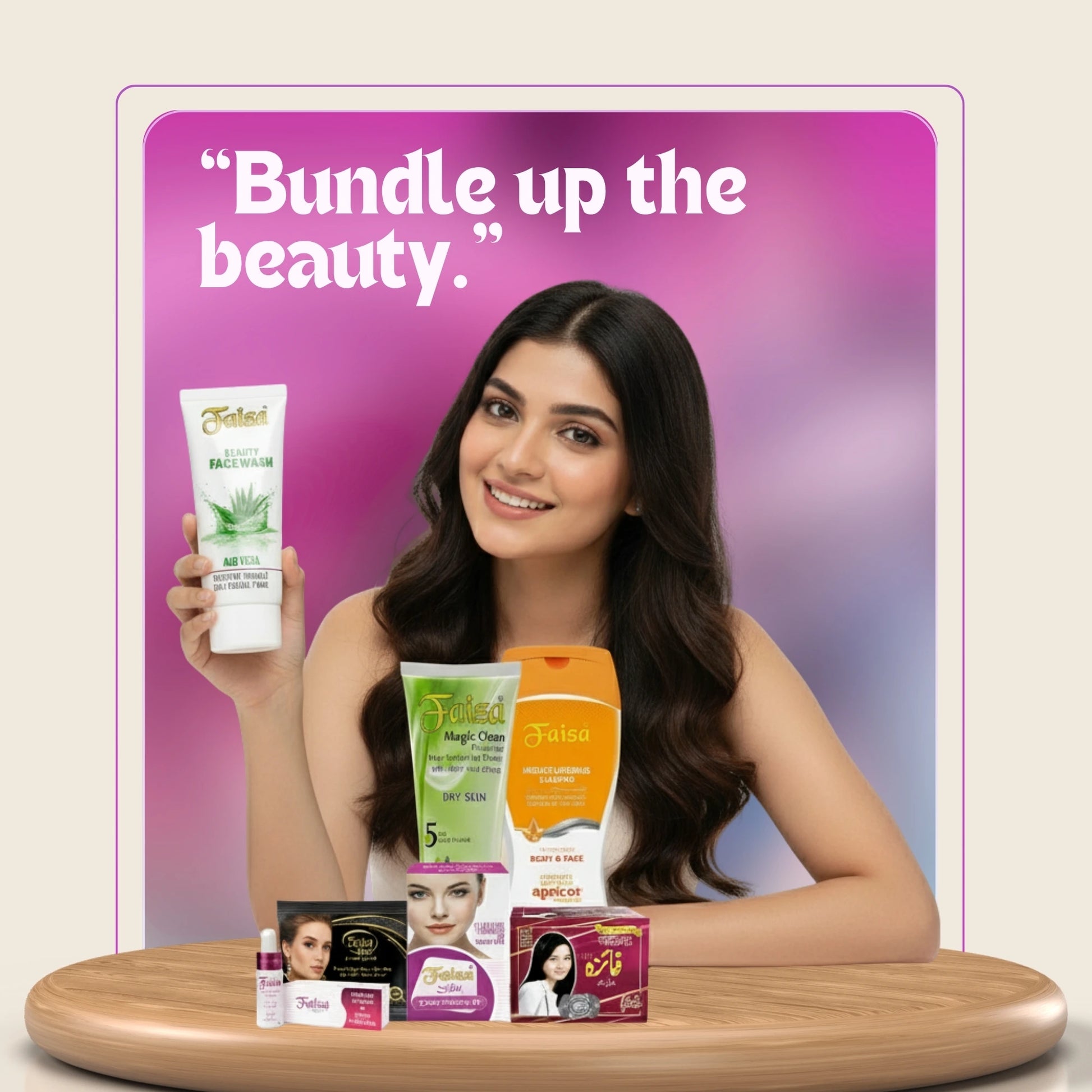 Woman promoting Faiza Beauty Bundle that includes Moisturising Lotion, Face Wash, and Magic Clean Cream.
