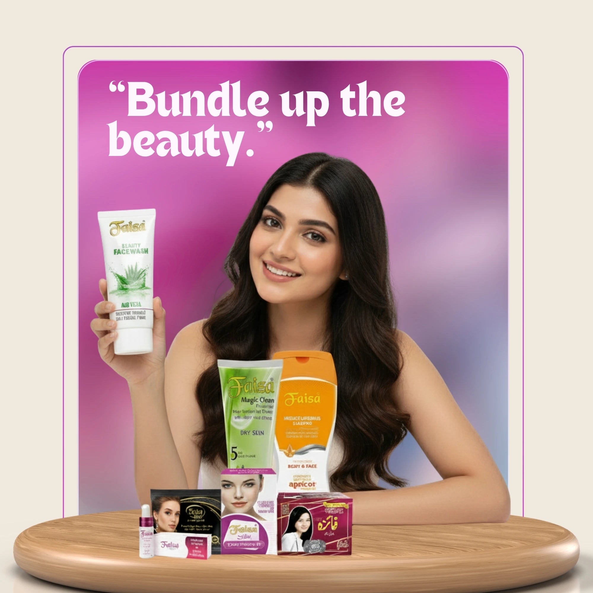 Woman promoting Faiza Beauty Bundle that includes Moisturising Lotion, Face Wash, and Magic Clean Cream.