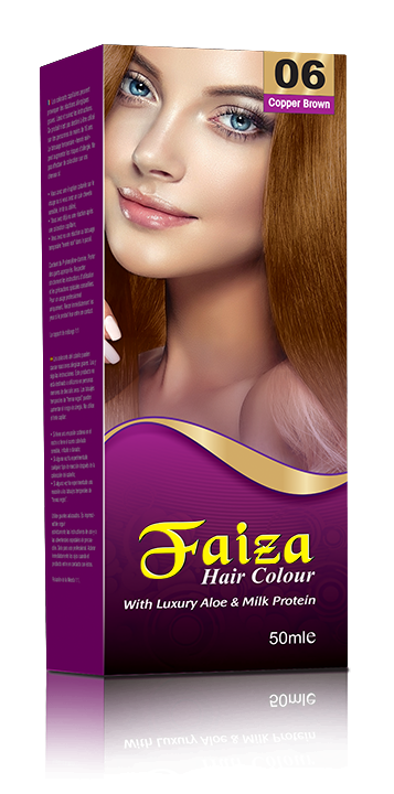 Faiza Hair Colour Copper Brown 06 – Permanent hair dye in a vibrant copper brown shade with 100% grey coverage, fade-resistant colour, and nourishing vitamins for shiny, smooth, natural-looking hair – suitable for men and women in Pakistan.