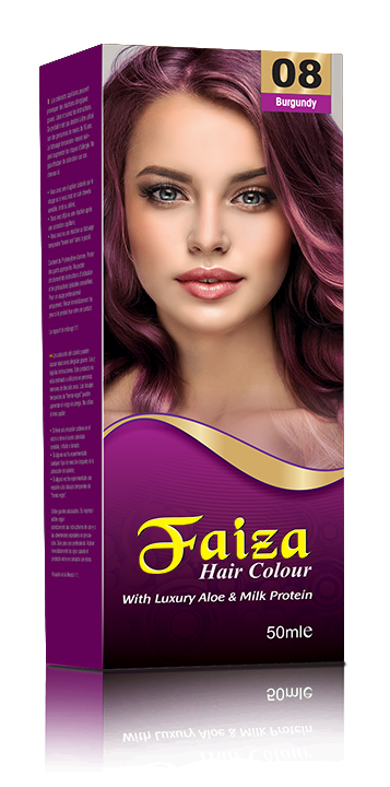 Faiza Hair Colour Burgundy 08 – Permanent deep burgundy hair dye with red-purple undertones, 100% grey coverage, fade-resistant formula, and vitamin-enriched nourishment for shiny, smooth, and vibrant hair – suitable for men and women in Pakistan.