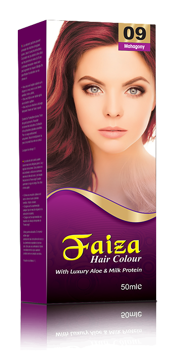 Faiza Hair Colour Mahogany 09 hair dye box – premium deep brown with warm mahogany red undertones, professional long lasting nourishing hair colour for shiny, silky and healthy looking hair with complete grey coverage at home