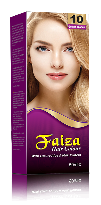 Faiza Hair Colour Golden Blonde 10 hair dye box – vibrant golden blonde shade with natural shine, long lasting professional quality nourishing hair colour for silky, smooth, and glossy hair with complete grey coverage at home