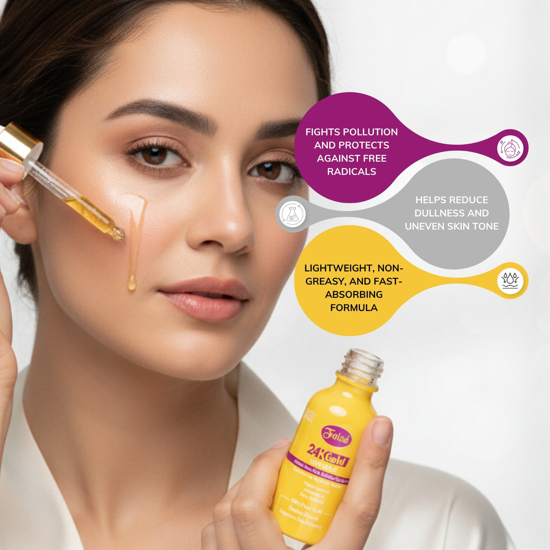 Yellow serum bottle with gold cap on a white background