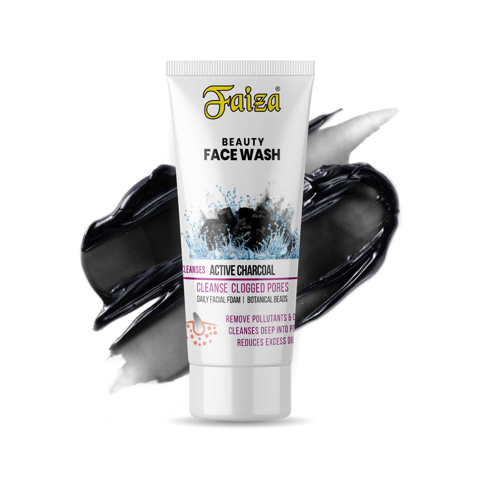 Faiza Beauty Face Wash tube with black charcoal on a white background
