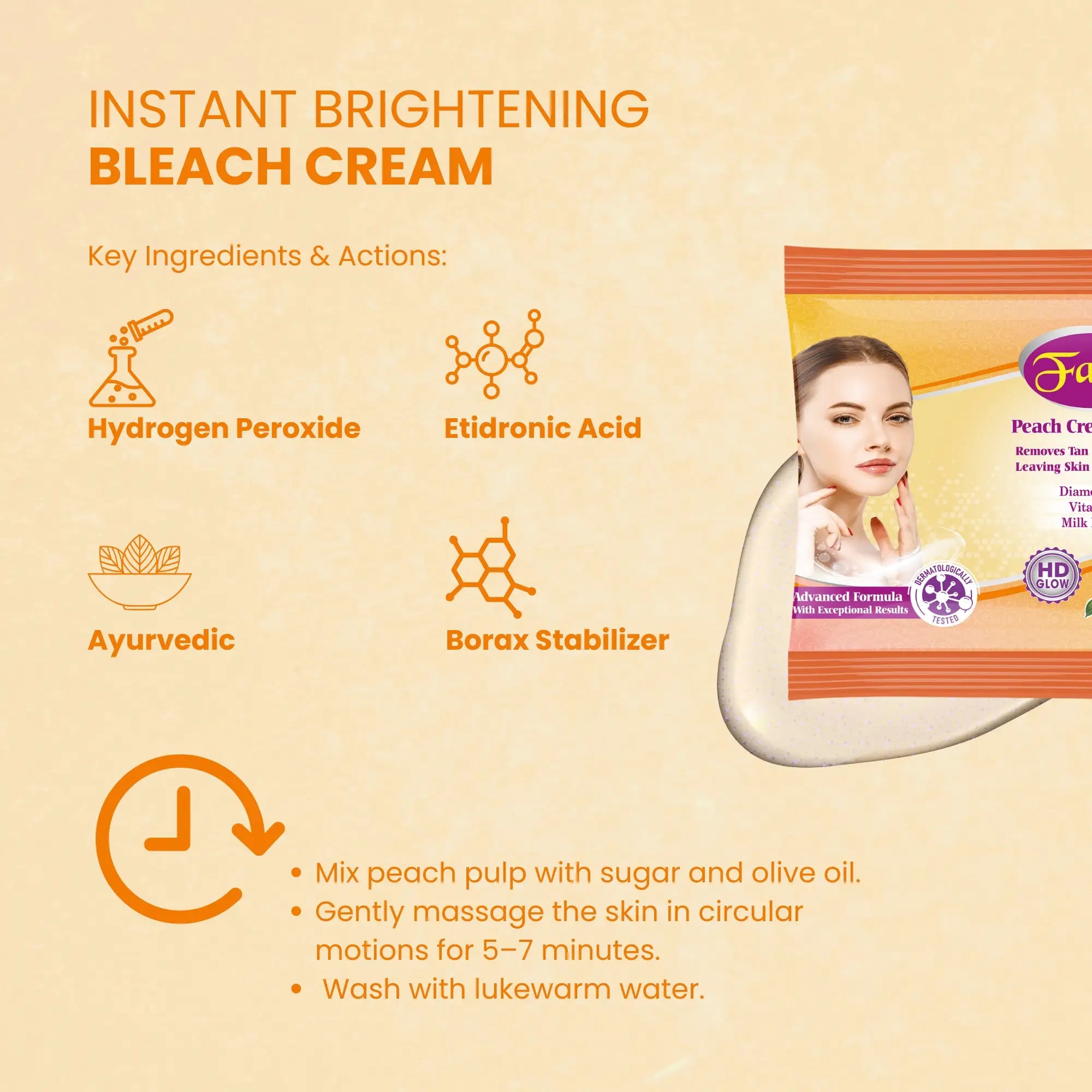 Full product packaging view for Faiza Peach Cream Bleach, Skin Booster, Advanced Formula with HD Glow. The bleach removes Tan & Pigmentation and leaves skin soft & glowing. Key ingredients include Peach Powder, Hydrogen Peroxide, Diamond Ash, Vitamin A, and Milk Protein. The packaging details application instructions (15-20 minutes), precautions, and benefits like stimulating New Collagen Growth and improving Fine Lines.