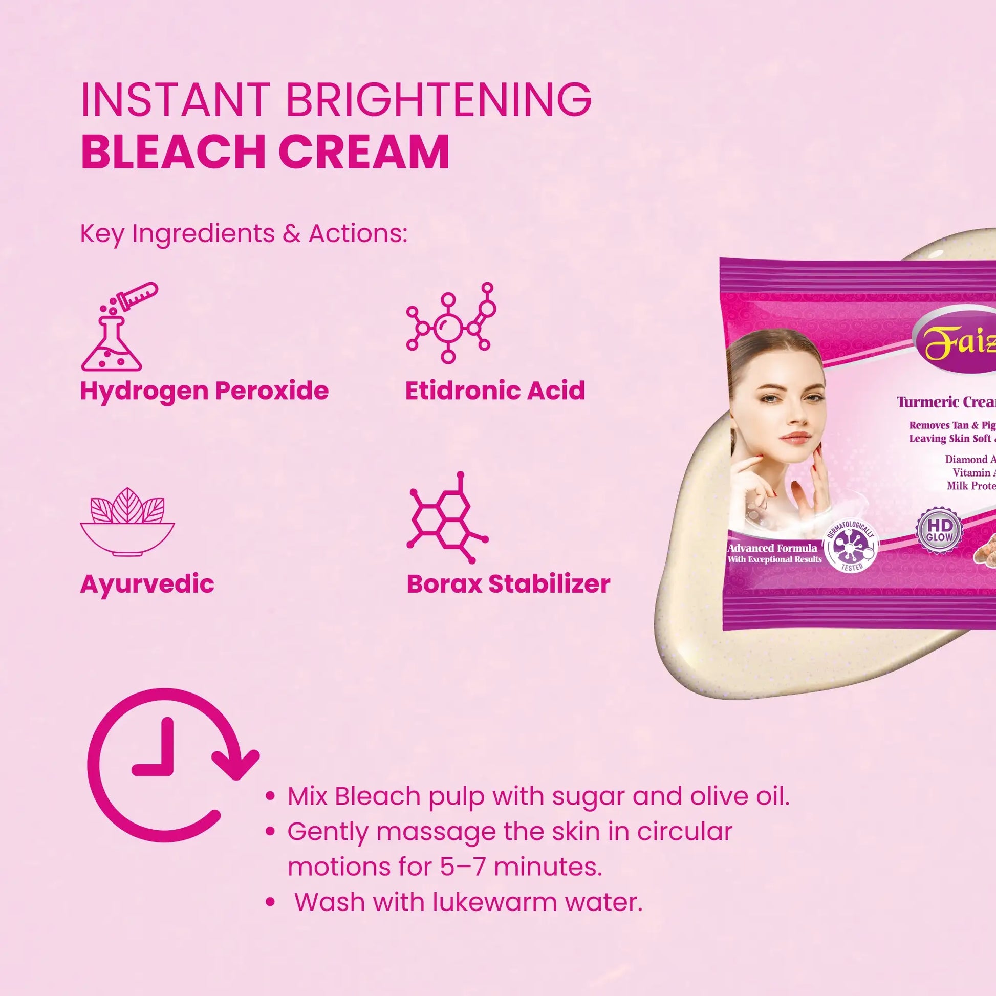 Formula with HD Glow. Removes Tan & Pigmentation using key ingredients like Turmeric Powder, Hydrogen Peroxide, Diamond Ash, Vitamin A, and Milk Protein. The packaging provides usage instructions (mix, apply, wait 15-20 min), precautions, and lists benefits including stimulating New Collagen Growth and improving Fine Lines.