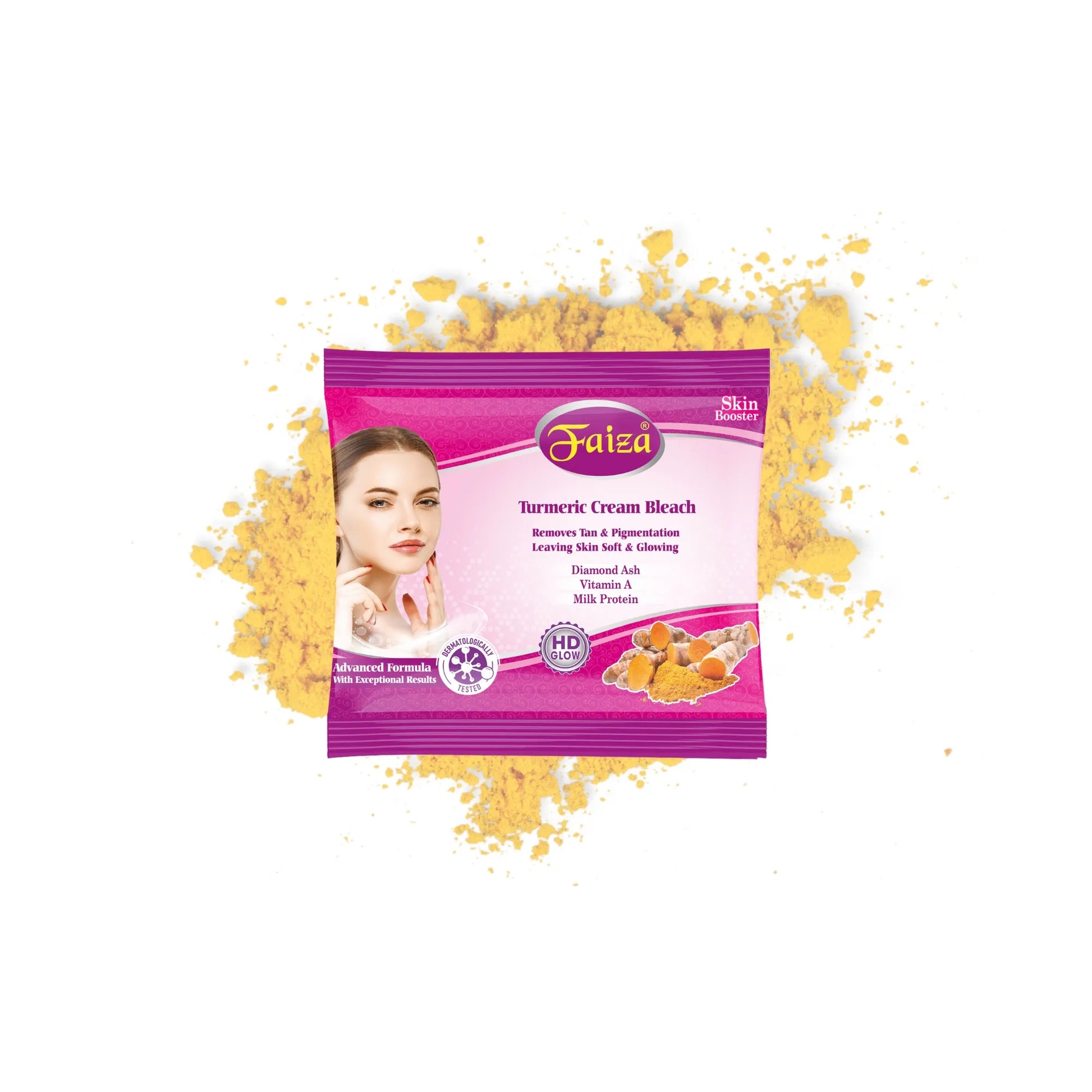 Faiza Turmeric Cream Bleach Skin Booster, Advanced Formula with HD Glow. Removes Tan & Pigmentation, leaving skin soft & glowing. Contains Diamond Ash, Vitamin A, Milk Protein. Image shows product packet, woman's face, and fresh turmeric roots.