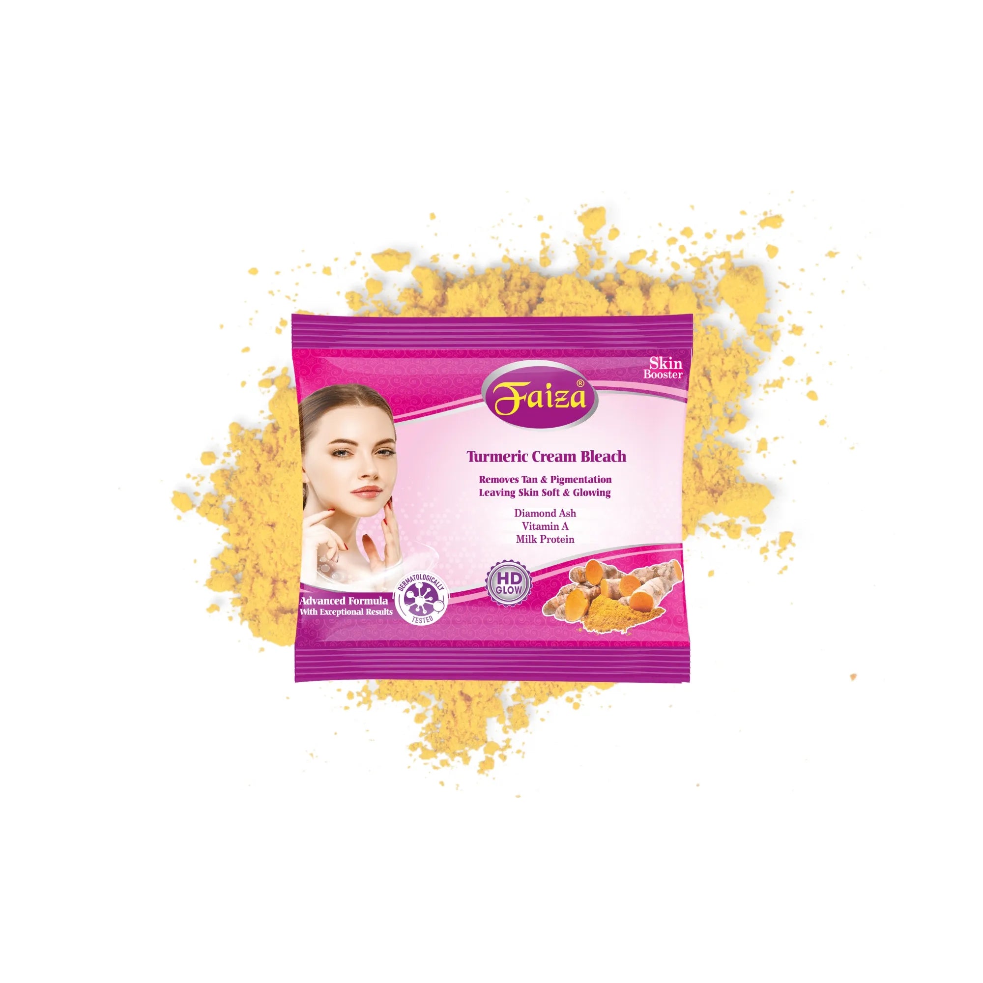 Faiza Turmeric Cream Bleach Skin Booster, Advanced Formula with HD Glow. Removes Tan & Pigmentation, leaving skin soft & glowing. Contains Diamond Ash, Vitamin A, Milk Protein. Image shows product packet, woman's face, and fresh turmeric roots.
