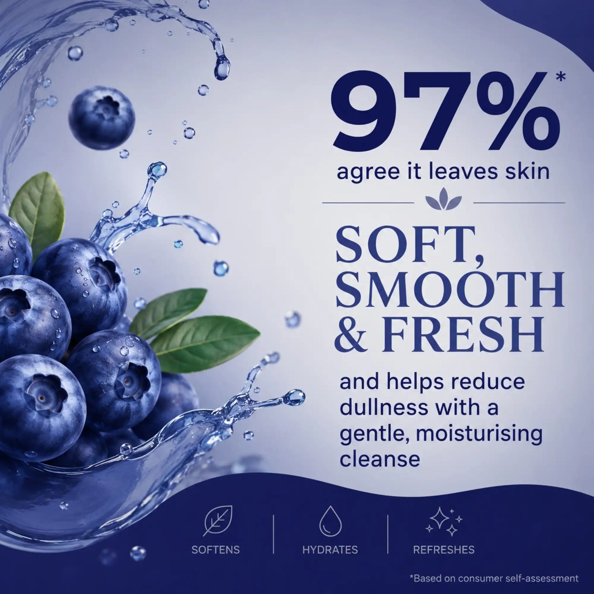 Infographic of Faiza Face Wash key ingredients showing antioxidant-rich Blueberry Extract and hydrating Glycerin with soft, hydrate, and refresh icons.