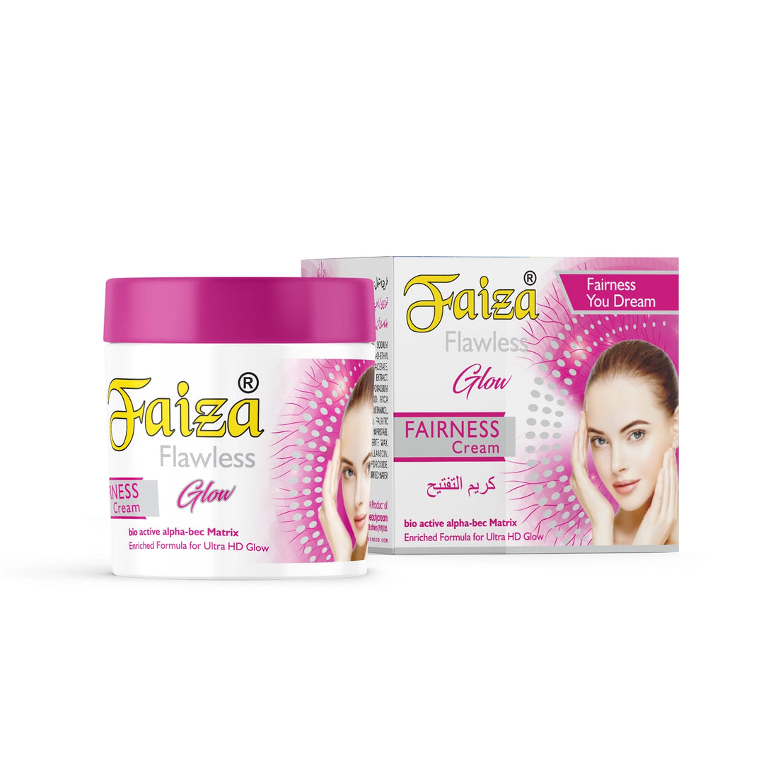 Faiza Flawless Glow fairness cream jar and packaging on a white background