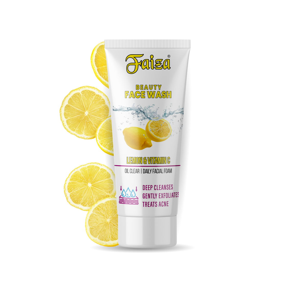 Faiza Beauty Face Wash tube with lemon slices on a white background