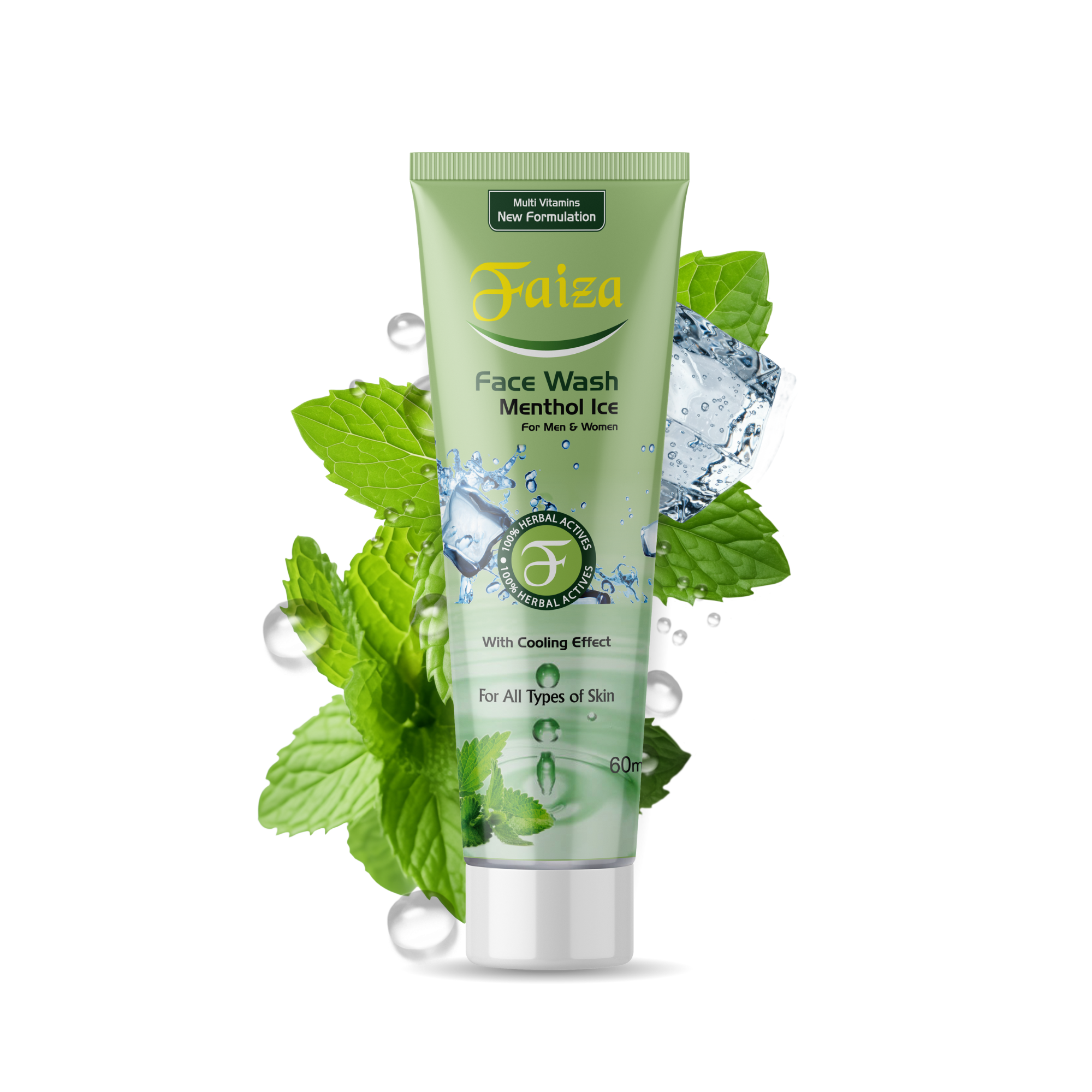 Faiea Face Wash Menthol Ice tube with green leaves on a white background
