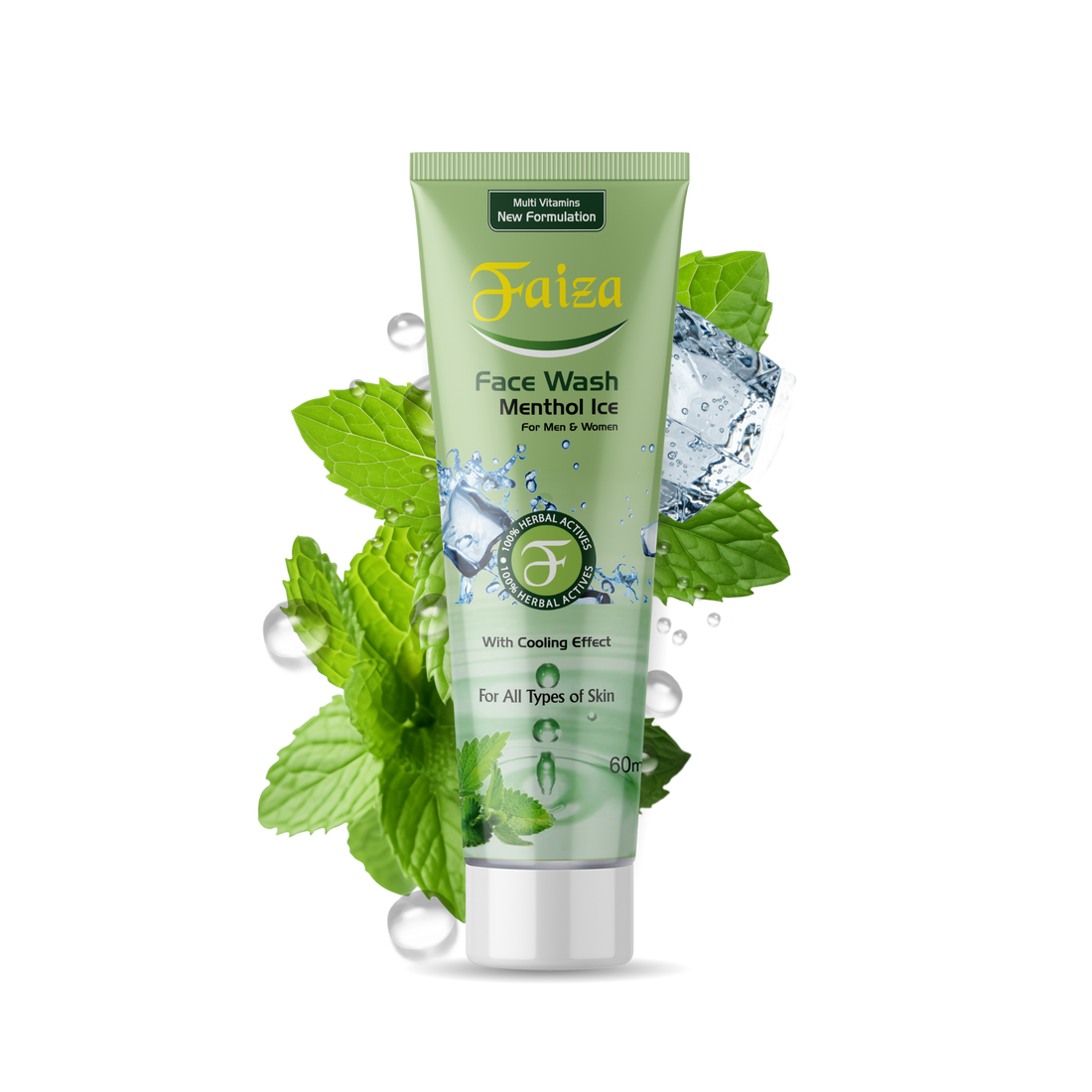 Faiea Face Wash Menthol Ice tube with green leaves on a white background