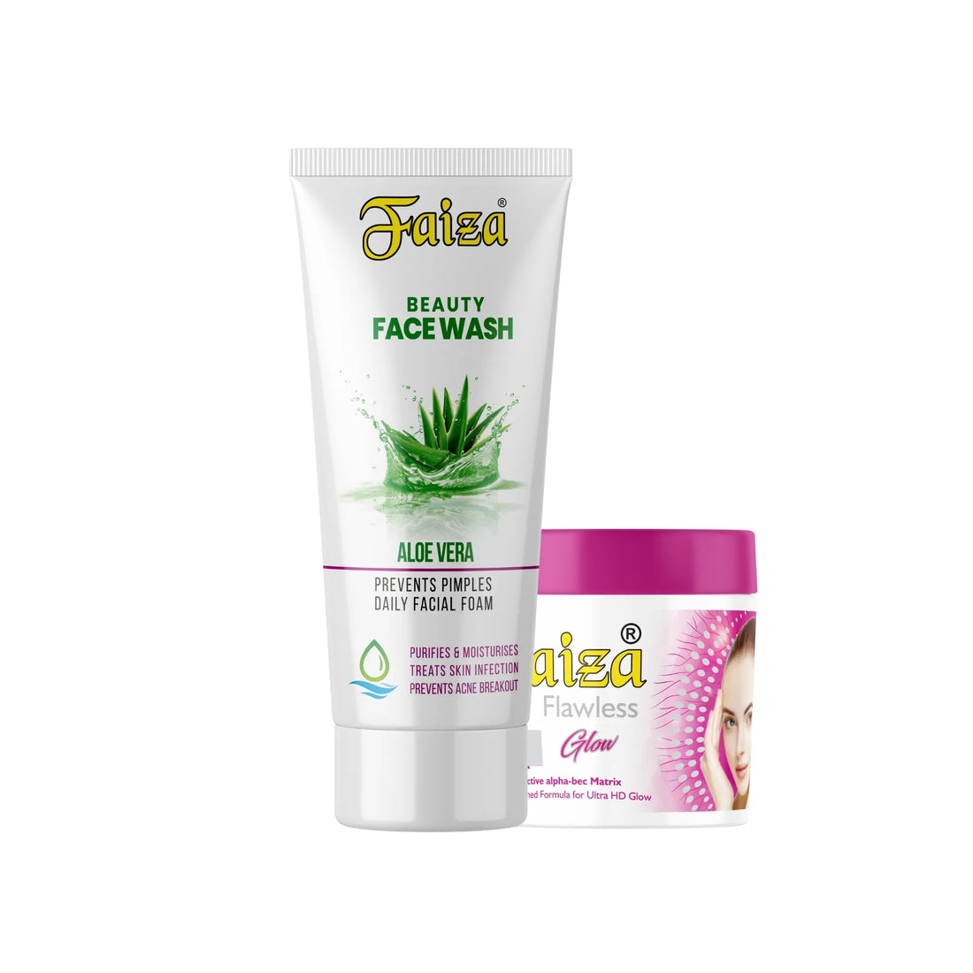 Faiza Bright Eyes Skin Boost bundle featuring Aloe Vera Face Wash and Flawless Glow Cream for radiant skin and soft touch.