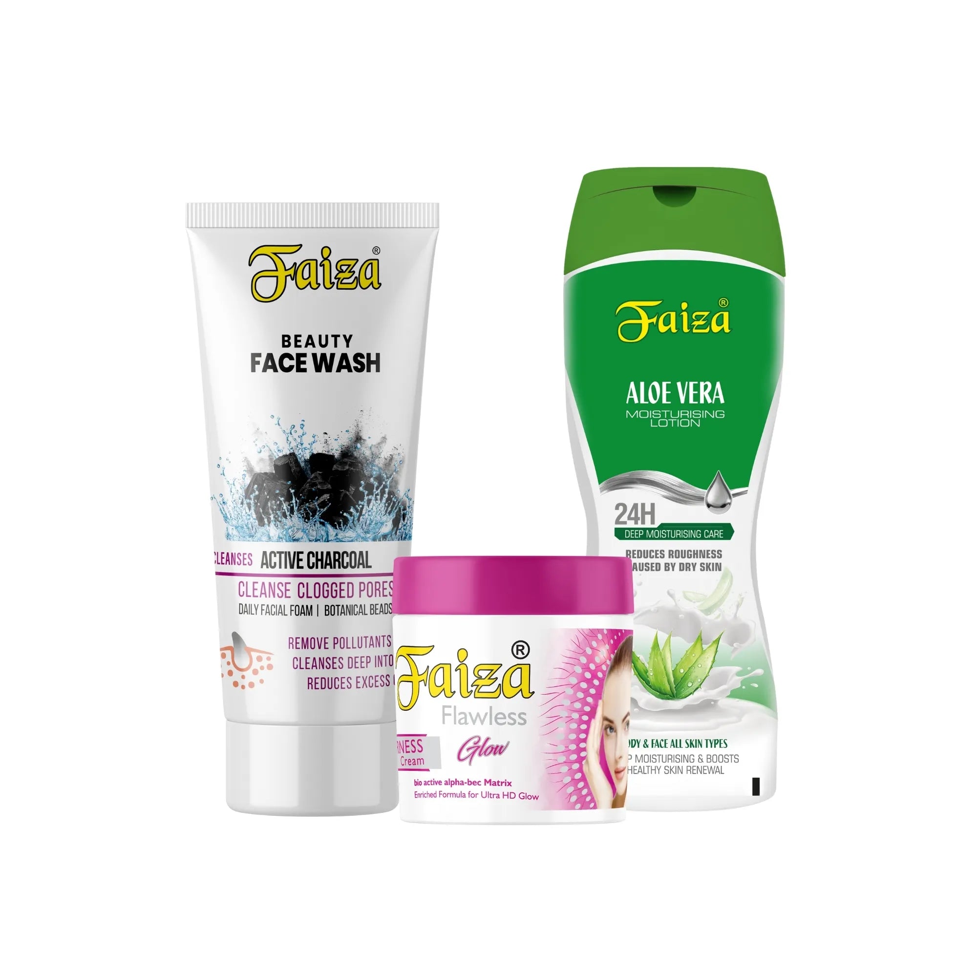Faiza Winter Hydration Glow Kit with Charcoal Face Wash, Aloe Vera Lotion, and Glow Cream for deep moisturizing and radiant winter skin.