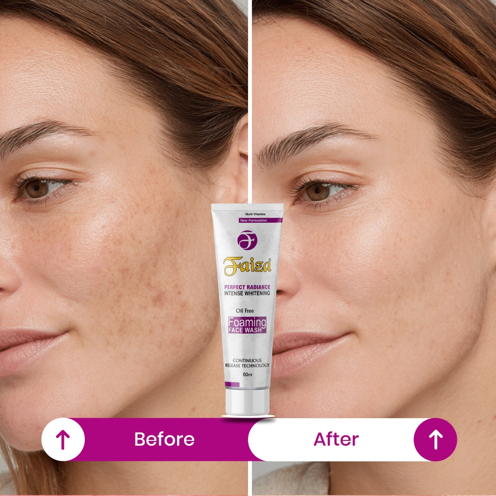 Before and after comparison of a woman's face with a tube of Faisea product in the center.