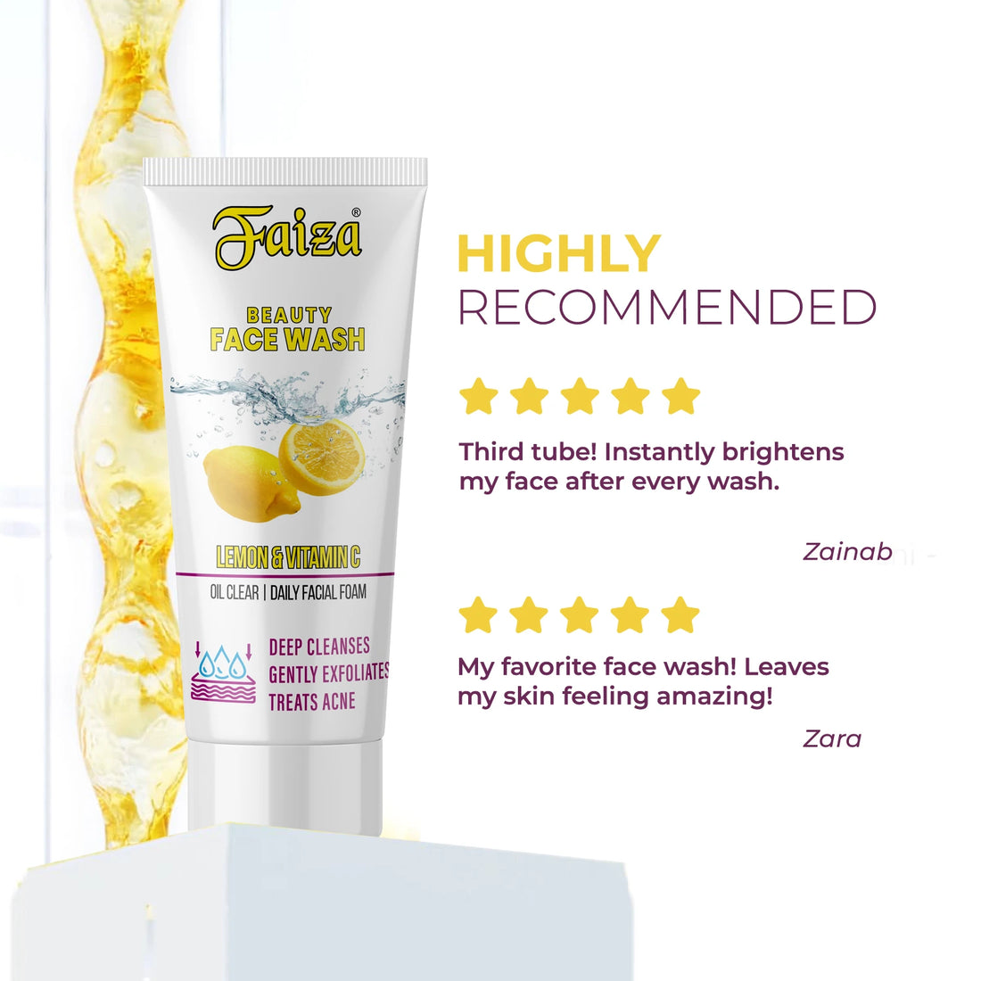 Faiza Beauty Face Wash tube with lemon slices on a white background