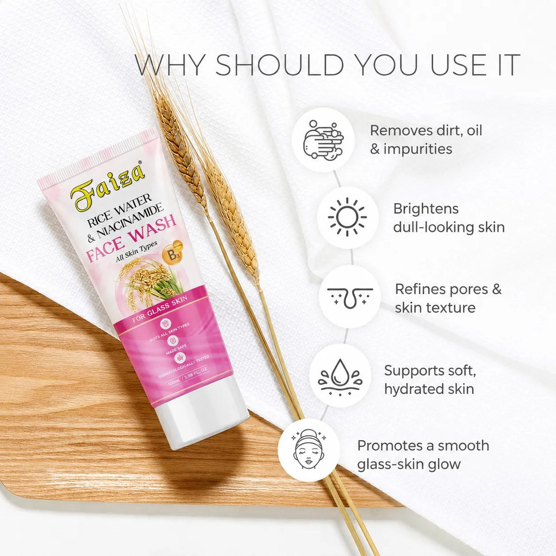 Faiza Fair Beauty skincare set featuring Rice Water & Niacinamide Face Wash, Hyaluronic Acid & Glutathione Skin Serum, and Aloe Vera Moisturising Lotion for healthy, hydrated, glowing skin.