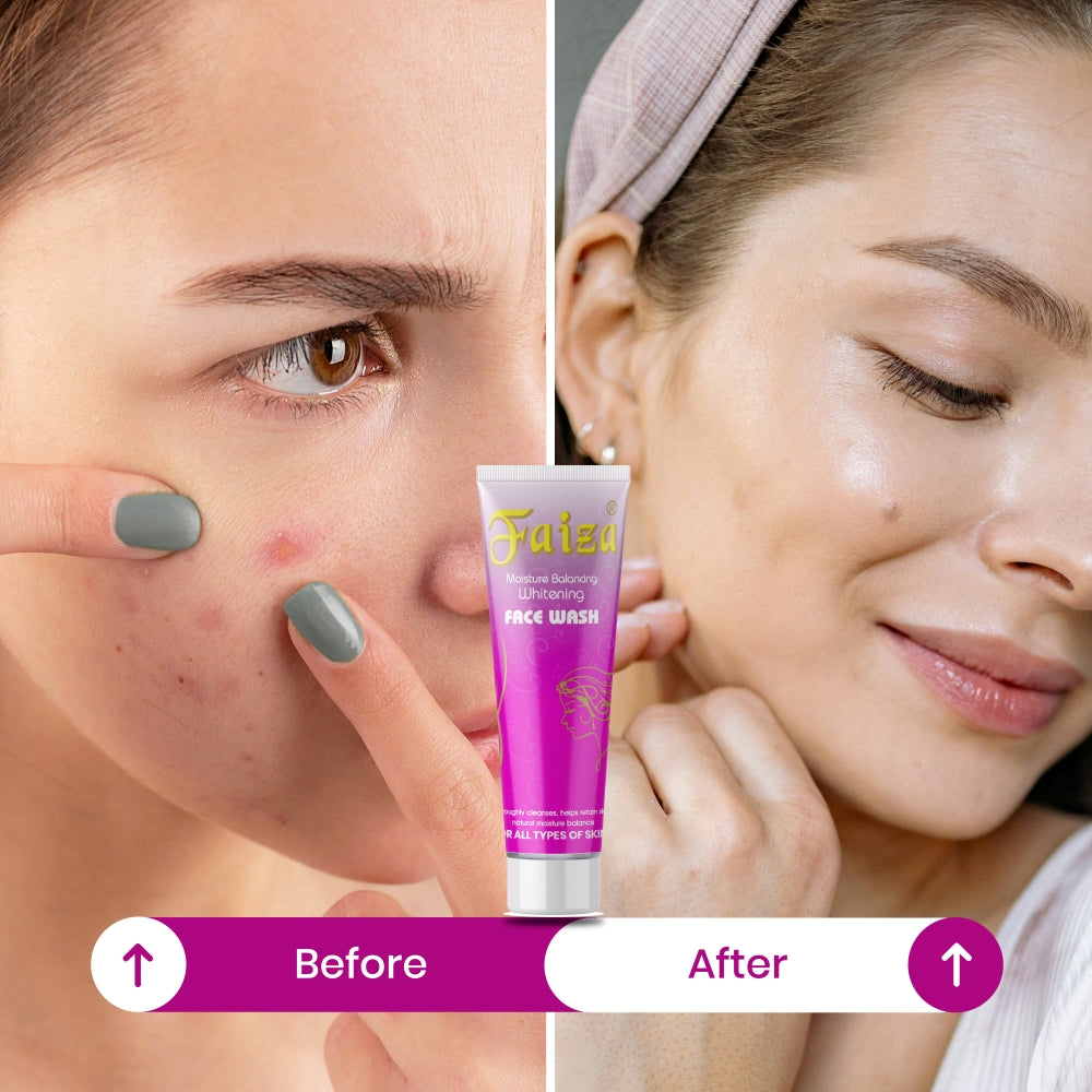 Before and after comparison of a woman using face wash with a tube labeled 'Fatea' displayed.