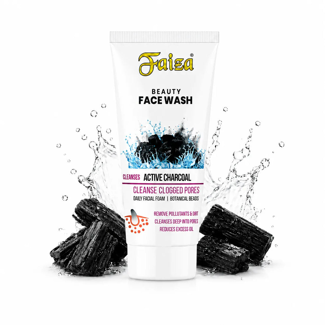 Faisa Beauty Face Wash tube with activated charcoal on a white background