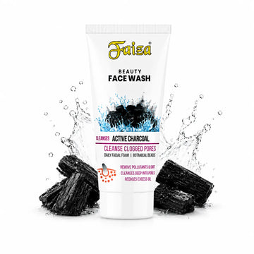 Faisa Beauty Face Wash tube with activated charcoal on a white background