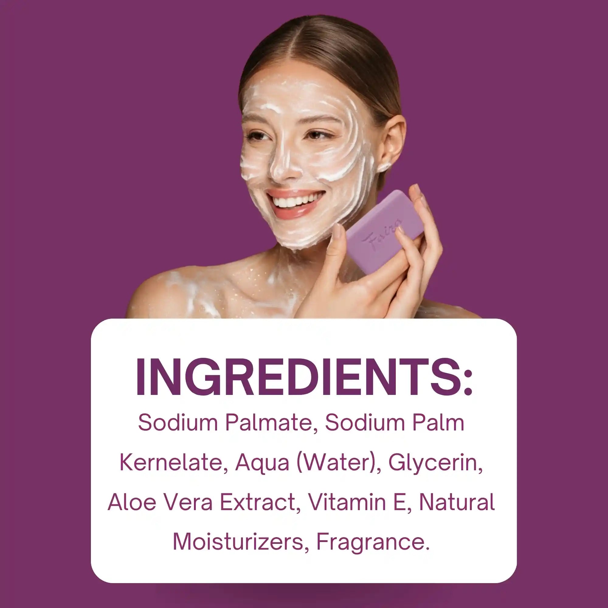 Fair Beauty Soap enriched with Aloe Vera Extract, Vitamin E, Glycerin, and moisturizing ingredients for gentle cleansing and skin nourishment.