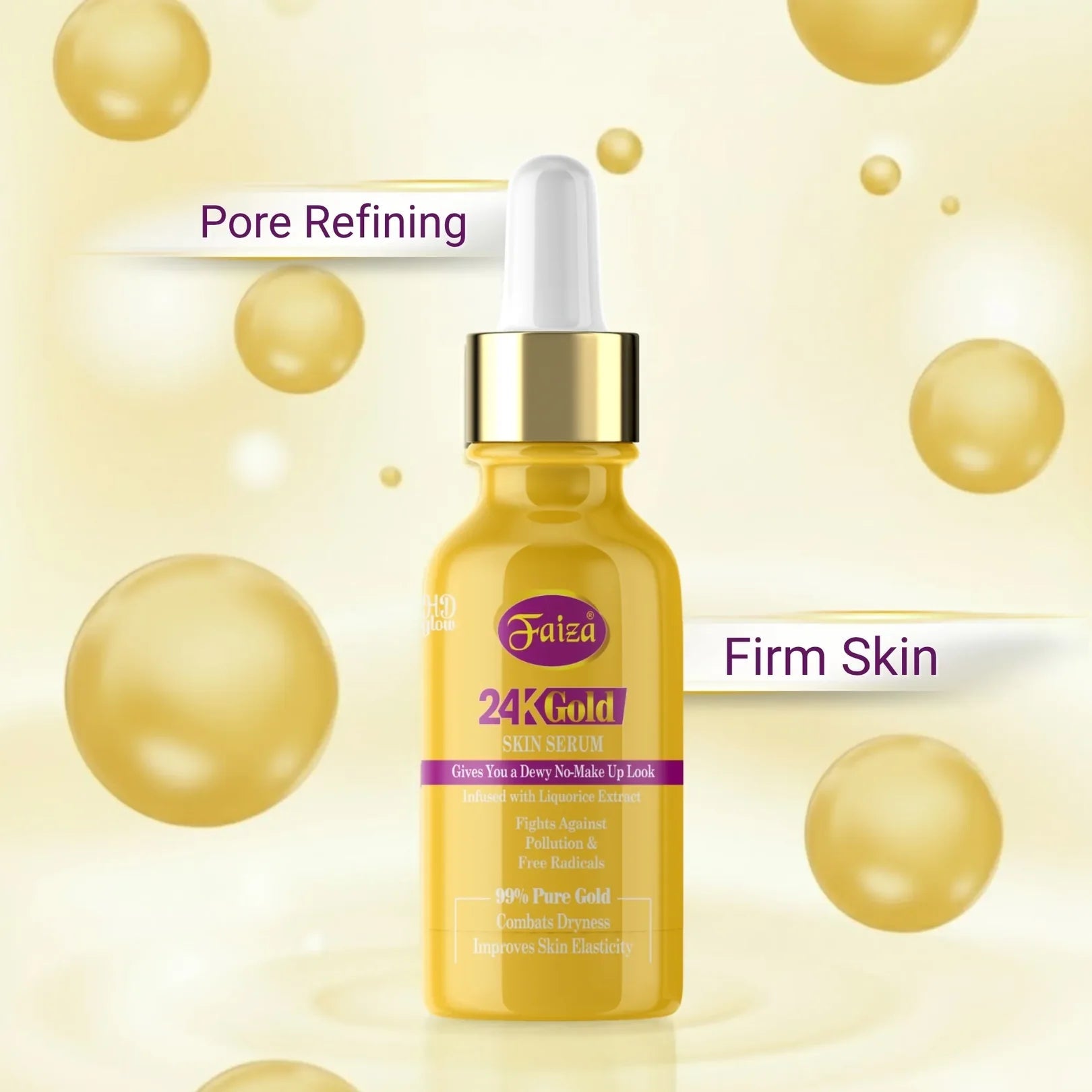 Faiza Cosmetics 24K Gold Serum, Firm Skin, Pore Refining, anti-pollution, Pure Gold, improved skin elasticity, dewy no-makeup look