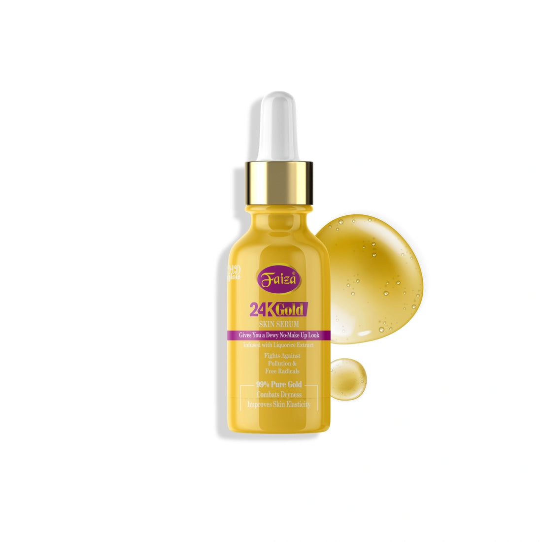Yellow serum bottle with gold cap on a white background