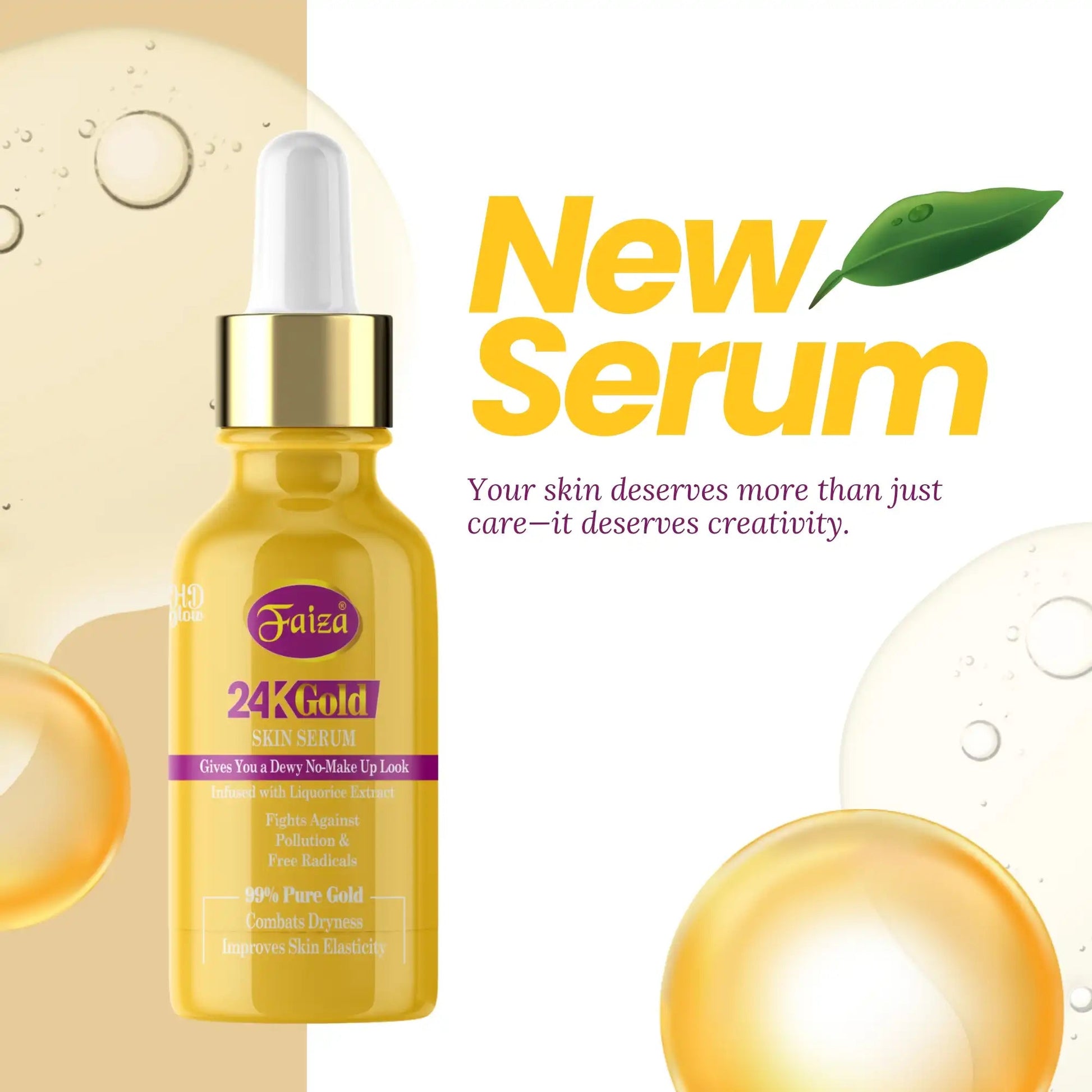 Faiza Cosmetics New Serum, 24K Gold Skin Serum, 99% Pure Gold, anti-pollution, combats dryness, improves skin elasticity, no-makeup look