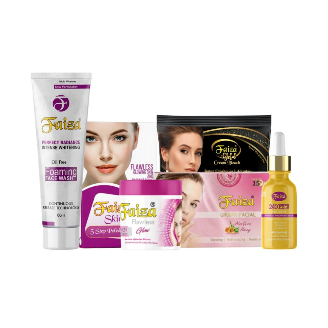 Faiza 6-Step Professional Gold Glow and Whitening Kit including Foaming Face Wash, 24K Gold Serum, Skin Polishing Kit, Urgent Facial, Gold Bleach, and Flawless Fairness Cream for instant Eid glow