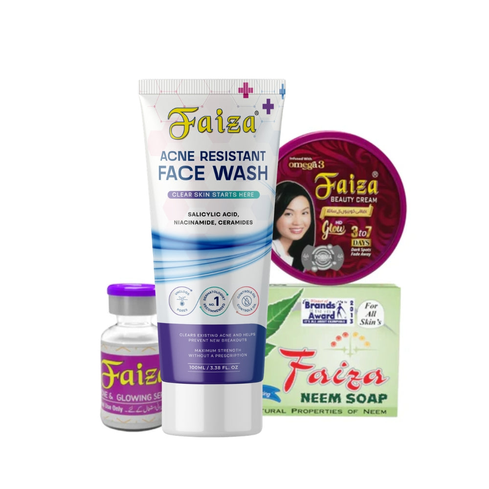 Faiza Acne Control Kit with Acne Resistant Face Wash, Neem Soap, Acne Serum and Beauty Cream for pimples, oily skin, acne marks and clearer skin.
