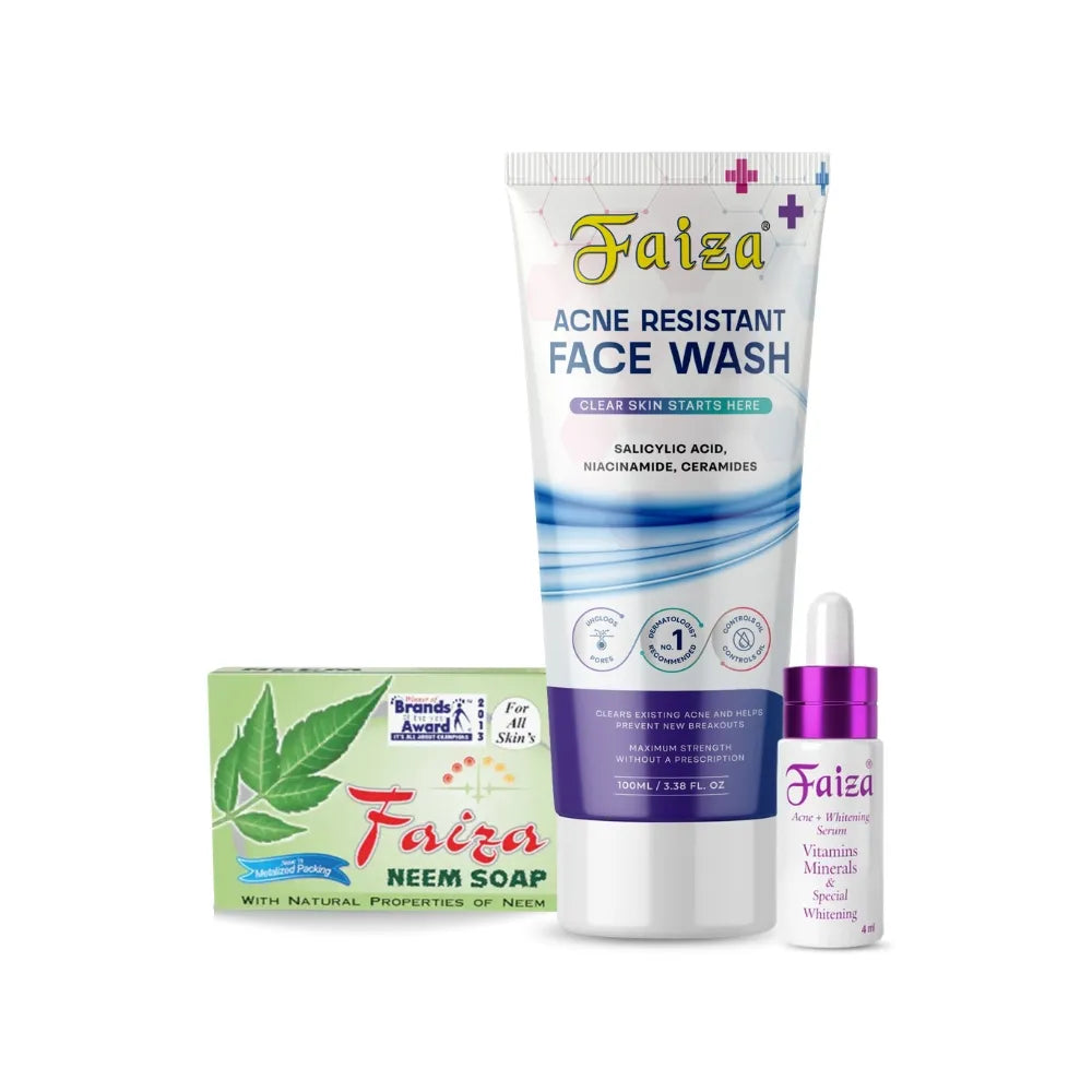 Faiza anti-acne skincare routine kit with Acne Resistant Face Wash tube, a green bar box of Faiza Neem Soap, and a purple-capped Acne and Whitening Serum dropper bottle